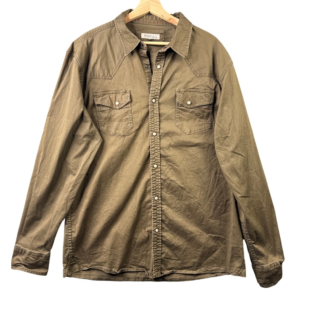 Blue Ranchwear Mens XL Western Pearl Snap Shirt Olive Green Cotton Stretch